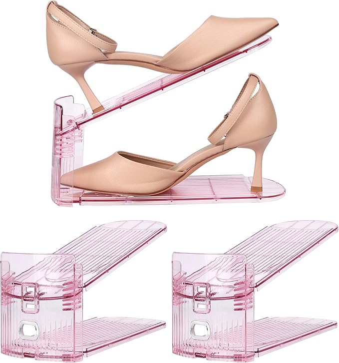 Yes!Fresh Shoe Slot Organizer, Boutique Display Style Shoe Stacker for A Pair of Shoes, Separable Shoe Rack for Closet Organization, 3 Adjustable Narrow Shoe Rack (Pink, 2 Pack)