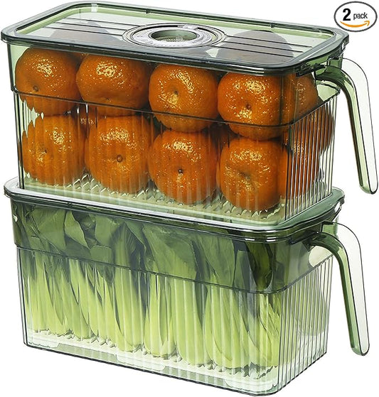 Loobuu 2Pack Stackable Food Storage Produce Saver Containers for Refrigerator, Berry Keeper Boxes for Fridge with Removable Drain Tray Keep Fresh for Vegetables/Fruit/Meat/Salad- 10.23'' x5.4'' x5.2''
