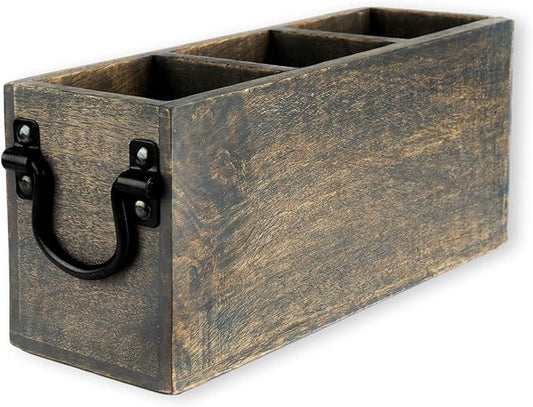 GoCraft 3-Compartment Flatware Caddy – Wooden Cutlery & Utensil Holder for Silverware, Tongs, Sauce Spoons, and More – Grey Washed Mango Wood with Metal Handles, Ideal for Kitchen & Dining Table