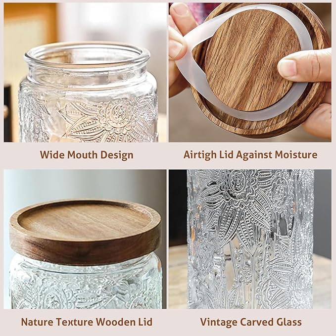 24 OZ Airtight Glass Storage Jar with Bamboo Lid - Vintage Glass Jar Vintage Food Containers Canisters Set for Kitchen Counter & Pantry - Ideal for Sugar, Flour, Coffee, Tea, Candy, Oats -2 Pack