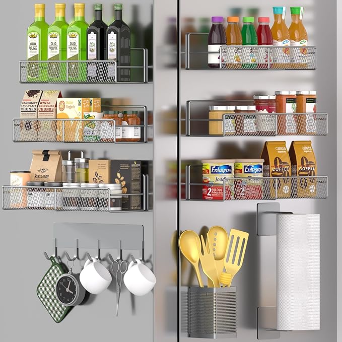 Grey Metal Spice Rack for Refrigerator, 10 Pack Moveable Magnetic Shelf Organizer with Hook Rack, Paper Towel Holder, Kitchenware Holder, Strong Magnetic Storage Fridge Organizer