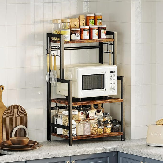 Kitchen Countertop Organizer,3 Tier Large Spice Rack Organizer with Adjustable Shelf and 5 Hooks,Wooden Counter Organizer,Space Saving Countertop Shelf Microwave Stand for Kitchen,Bathroom,Coffee Bar
