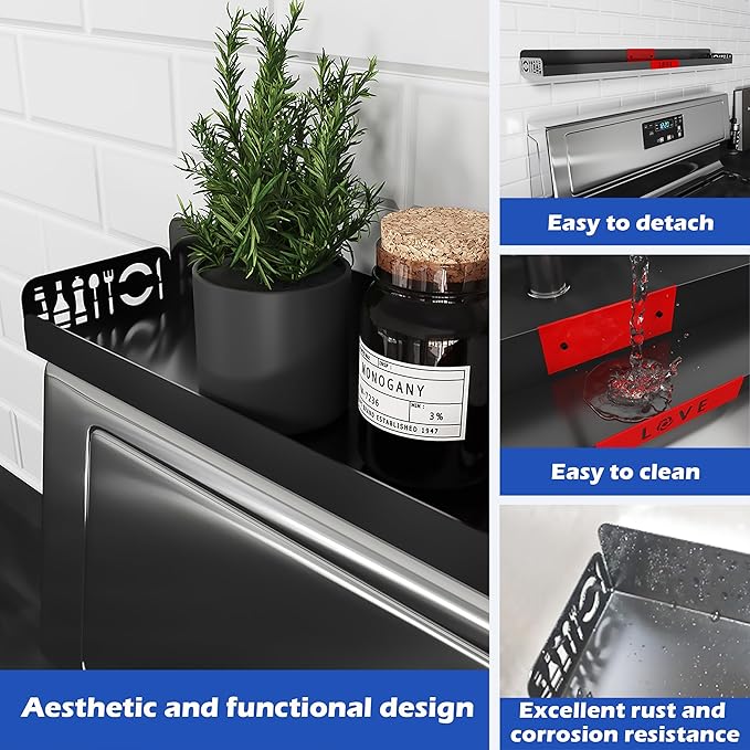 Magnetic Spice/Seasoning Shelf, 30" Length, Organizer for Stove Top & Kitchen, Black With Red Love