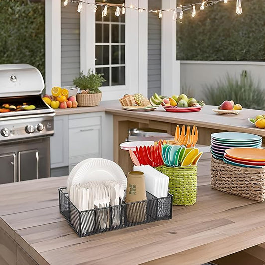 Paper plate organizer for Kitchen Countertop,Flatware Utensil Caddy,Utensil Holder Organizer with 6 Compartments for for Kitchen,Picnic,Indoor/Outdoor Dinner Parties,BBQ