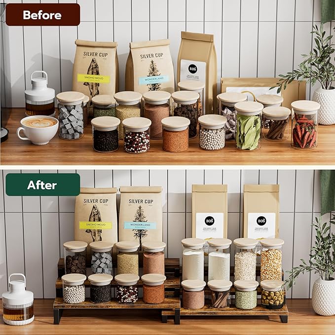 TEMI 3 Tier Spice Rack Organizers - 15.7 Inches Expandable Cabinet Organizers for Kitchen Organization, Rustic Brown Wood and Metal Tiered Shelves for Jars and Spices, Easy to Assemble, Set of 2