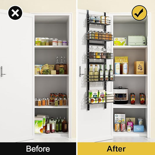 Pantry Door Organizer 12 Inch Wide, 5 Tier Hanging Adjustable Over the Door Spice Rack For Narrow Space