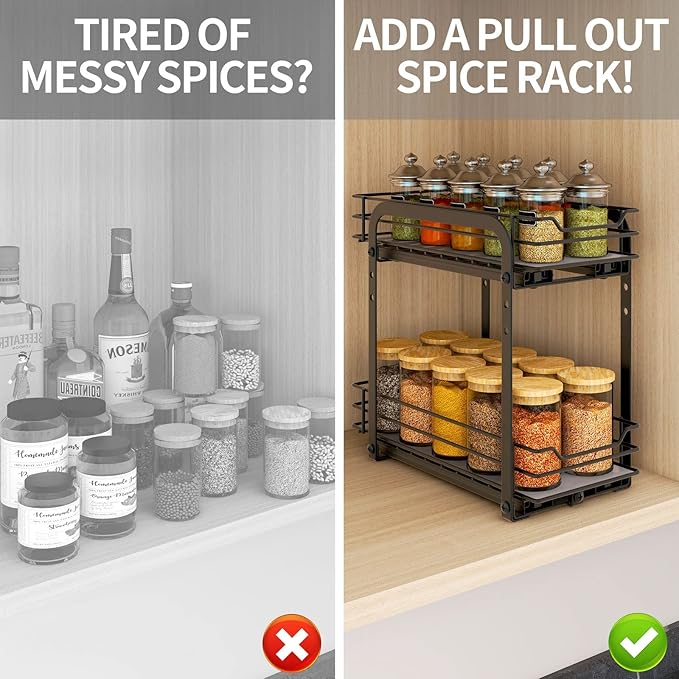 Spice Rack Organizer, 2-Tier Pull Out Spice Organizer, Heavy Duty Metal Basket for Inside Cabinets & Pantry Closet