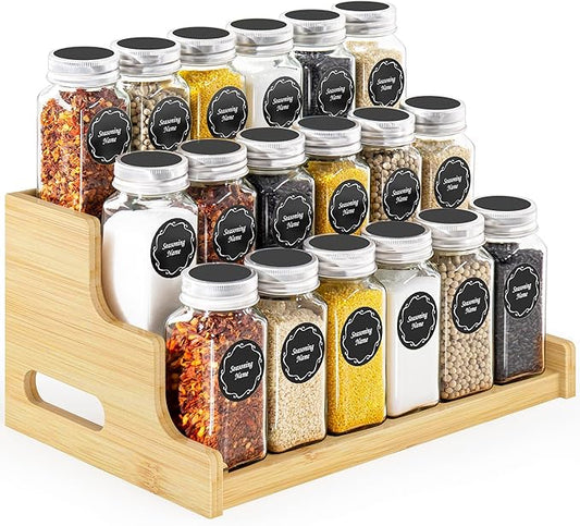 Bamboo Spice Rack Organizer for Cabinet, 3 Tier Wood Spice Shelf Organizer with 18 Spice Jars with Label Pack Included for Spice organization for cabinet Kitchen Countertop (Bamboo)