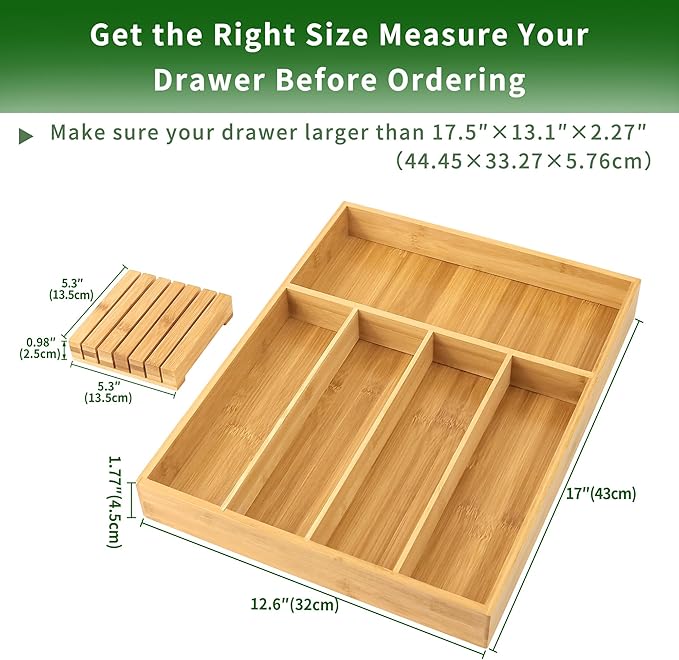 VaeFae Bamboo Silverware Organizer, Utensil Holder for Drawer, Wooden Cutlery Tray with Divider for Kitchen Drawer, Utensil Organizer with Knife Block