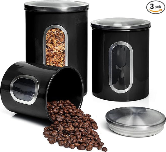 Mixpresso 3 Piece Black Canisters Sets For The Kitchen, Kitchen Jars With See Window, Airtight Coffee Container Tea Organizer & Sugar Canister, Kitchen Canisters Set of 3 Black Kitchen Décor