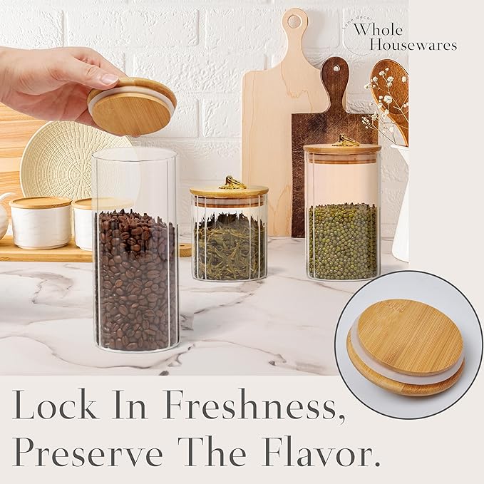 WHOLE HOUSEWARES Glass Storage Jars with Airtight Bamboo Lid and Metal Ring Handle - Set of 3 - Lead-Free High Borosilicate Glass - BPA Free - Dishwasher Safe - Transparent