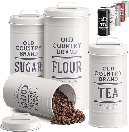 Barnyard Designs Canister Sets for Kitchen Counter, Farmhouse Canisters Sets for the Kitchen Countertop, Coffee Tea Sugar Flour Metal Containers with Lid (White)