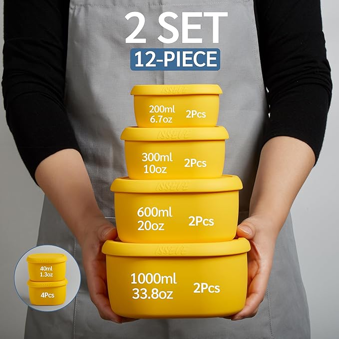ISSEVE 12Pcs/Set Nesting Silicone Food Storage Containers with Lids, BPA Free Reusable Meal Prep Silicone Containers Airtight, Freezer Dishwasher Safe (33.8oz, 20oz, 10oz, 6.7oz, 1.3oz) (Yellow)