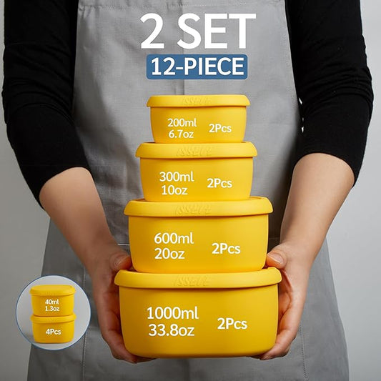 ISSEVE 12Pcs/Set Nesting Silicone Food Storage Containers with Lids, BPA Free Reusable Meal Prep Silicone Containers Airtight, Freezer Dishwasher Safe (33.8oz, 20oz, 10oz, 6.7oz, 1.3oz) (Yellow)