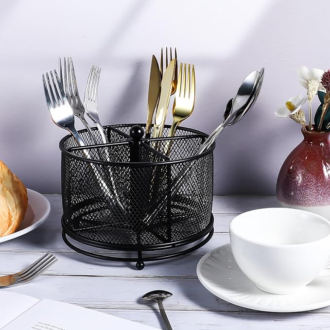 MAQUITA 360° Rotating Metal Utensil Caddy - 4 Compartment Silverware Cutlery Holder Rotation Fork Spoon Napkin Organizer Flatware Storage Basket Party Countertop Buffet Picnic Camping Outdoor Black