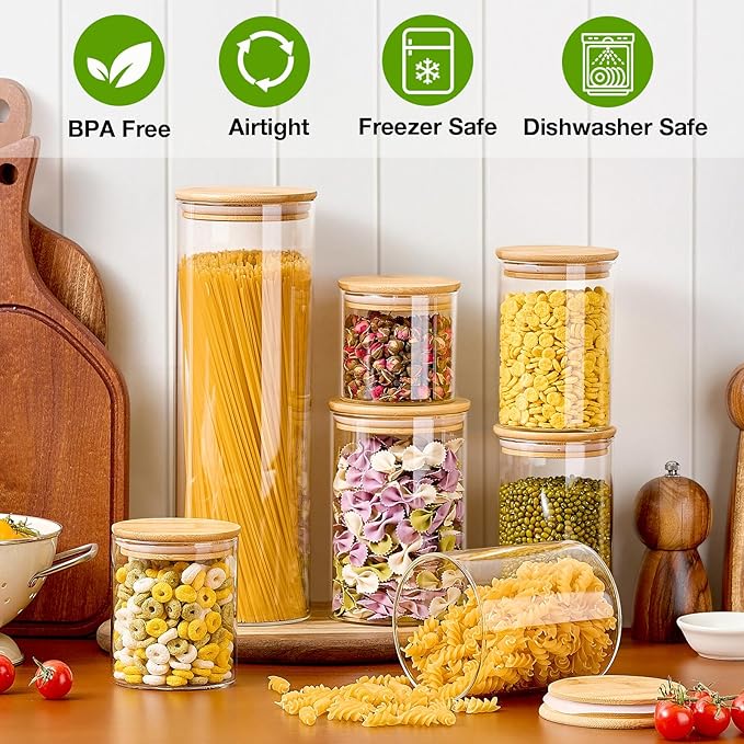 7 Pack Thicker Glass Food Storage Jars with Airtight Bamboo Lids, Clear Glass Storage Containers, Glass Canisters Set for Pasta, Nuts, Coffee Beans, Kitchen Pantry Organization Jar, BPA Free