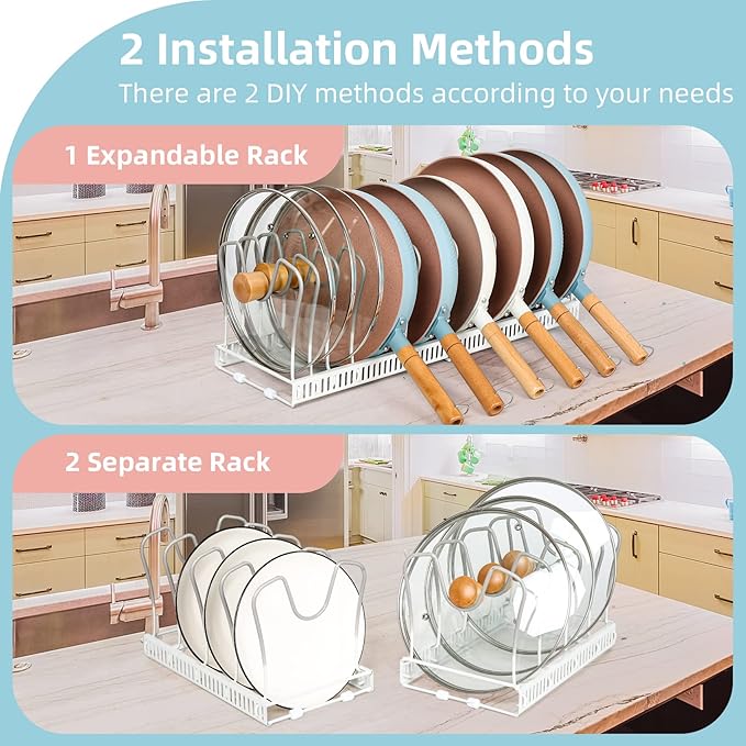 Expandable Pot & Pan Organizer - Cabinet Cookware Rack with 10 Adjustable Compartments & Pot Lid Holder