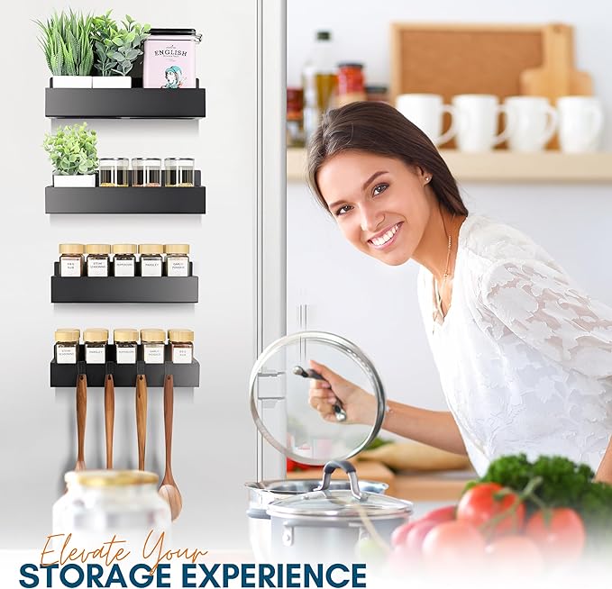 Magnetic Spice Rack for Refrigerator - Strong Magnetized Shelf for Fridge Storage - 4 Pack with 8 Moveable Hooks - Versatile Kitchen Organizer - Space-Saving Fridge Magnet Shelves