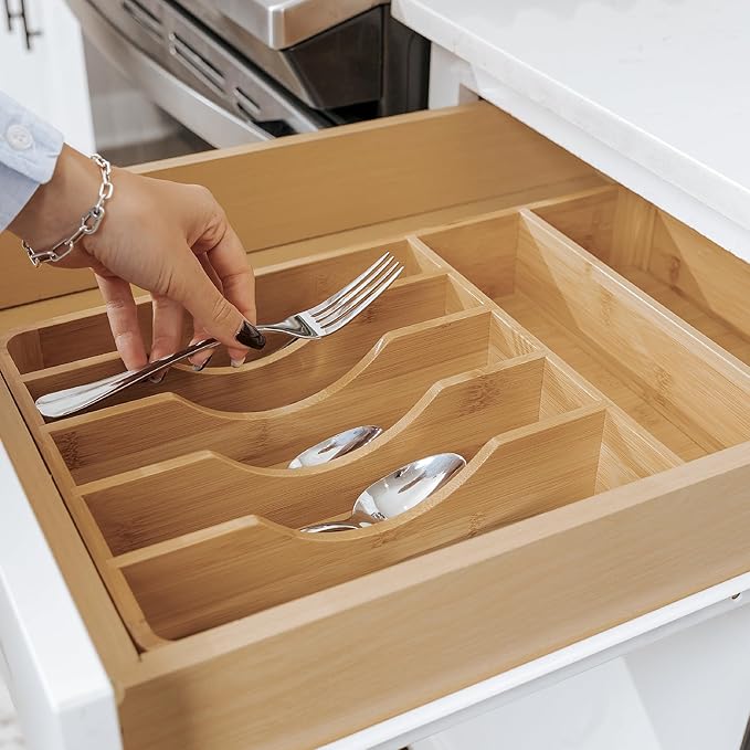 Silverware Organizer - Cutlery, Flatware, and Utensil Holder for Kitchen Drawers, Fixed 10.5” Width, 7 Storage Compartments, Non-Slip Feet, Rounded Corners, 100% Bamboo