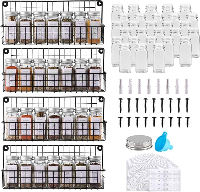 Spice Rack with 28 Jars and Labels,4 Tier Wall Mounted Spice Rack with Jars with 400 White Spice Labels, Chalk Marker and Funnel Set for Cabinet, Countertop, Pantry, Cupboard or Door & Wall Mount.