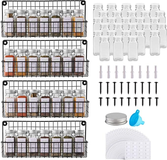 Spice Rack with 28 Jars and Labels,4 Tier Wall Mounted Spice Rack with Jars with 400 White Spice Labels, Chalk Marker and Funnel Set for Cabinet, Countertop, Pantry, Cupboard or Door & Wall Mount.