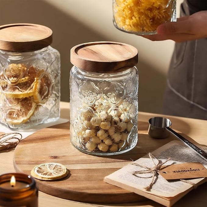 Vintage Glass Jar with Wooden Lid, 23.7 fl oz - Airtight Decorative Food Storage Canisters for Kitchen Counter, Ideal for Candy, Sugar, Coffee, Cookies