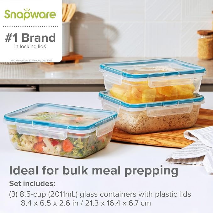 Snapware Total Solution (8.5-Cup) Plastic Food Storage Containers Set, Leakproof & Airtight Locking Lids Rectangular Tupperware, Non-Toxic BPA-Free Lids, Microwave Dishwasher Freezer Safe (Pack of 6)