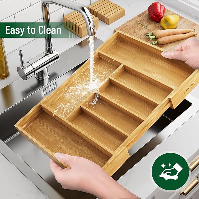 Emojoy Silverware Storage,Carbonized Bamboo Cutlery Storage Organizer, Expandable Cutlery Rack, 7 Slots, Perfect for Storing Cutlery and Kitchen Utensils with Removable Knife Holder