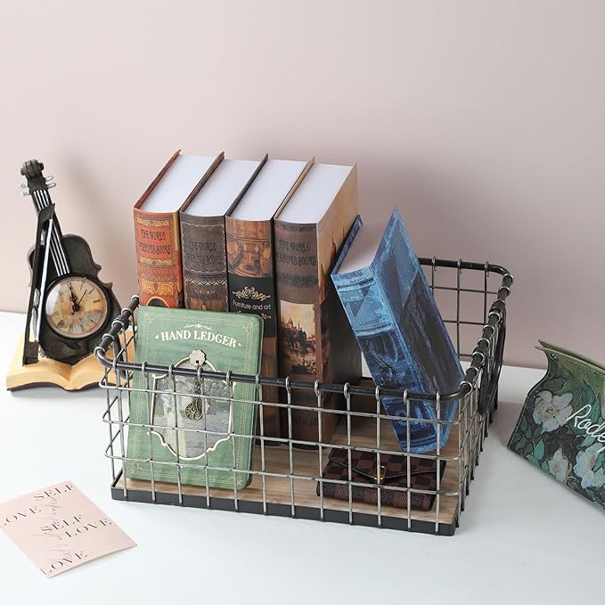 16" Rectangular Sturdy Hand Welded Farmhouse Metal Wire Basket with Rustic Wooden Bottom For Shelves, Closet Storage Bins for Shelves. Also For Laundry, Towel, Spice Rack, Tool Box (1)