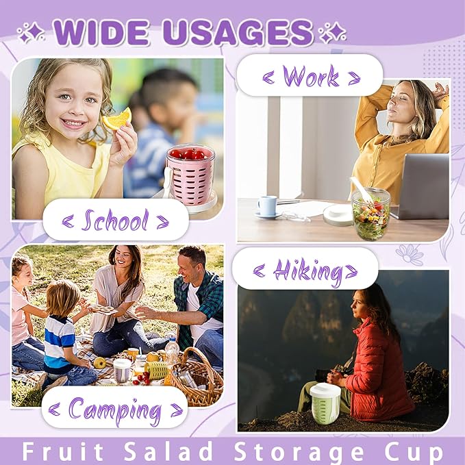 20oz Fruit Salad Storage Cup with Lids and Fork, Reusable Plastic Fruit Storage Containers for fridge with Drain Baskets, BPA-Free & Leak-Proof, Keep Fruits, Vegetables Fresh Longer (Purple)