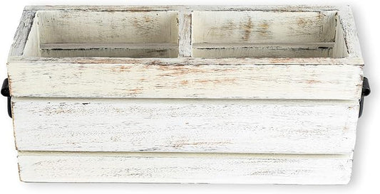 GoCraft 2-Compartment Wooden Caddy with Metal Handles – Rustic Whitewashed Organizer for Flatware, Kitchen Utensils, Office Supplies, Remotes, Makeup, Nightstand Storage, Desk & Home Organization