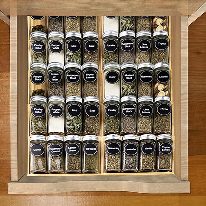 MinBoo Bamboo Spice Drawer Organizer with 24 Spice Jars, 432 Spice Labels with Chalk Marker and Funnel Complete Set, Kitchen Drawer Seasoning Organizer,6 Pack Spice Rack Tray Inserts for Flexible