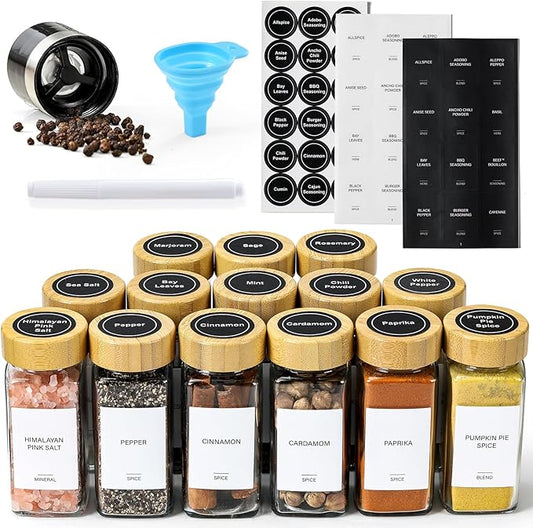 AOZITA 14 Pcs Spice Jars with Bamboo Lids - 4oz Square Spice Bottles with Spice Labels, Shaker Lids, Funnel