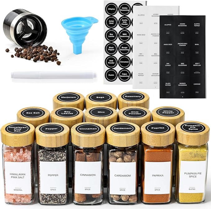 AOZITA 14 Pcs Spice Jars with Bamboo Lids - 4oz Square Spice Bottles with Spice Labels, Shaker Lids, Funnel