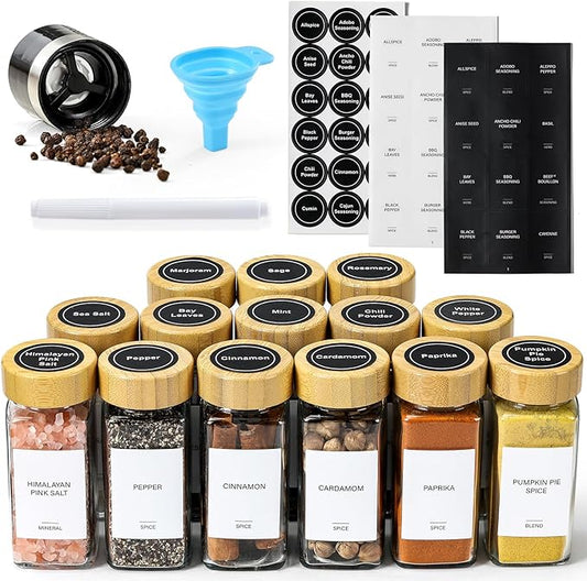 AOZITA 14 Pcs Spice Jars with Bamboo Lids - 4oz Square Spice Bottles with Spice Labels, Shaker Lids, Funnel
