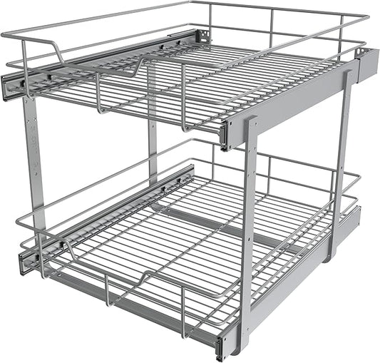2 Tier Pull Out Cabinet Organizer 17" W X 22" D, Slide Out Drawers For Kitchen Cabinets, Pullout Drawers For Cabinets Capacity Heavy Duty Caddy, Cabinet Pullout Shelves Chrome-Plated,Bathroom Pantry