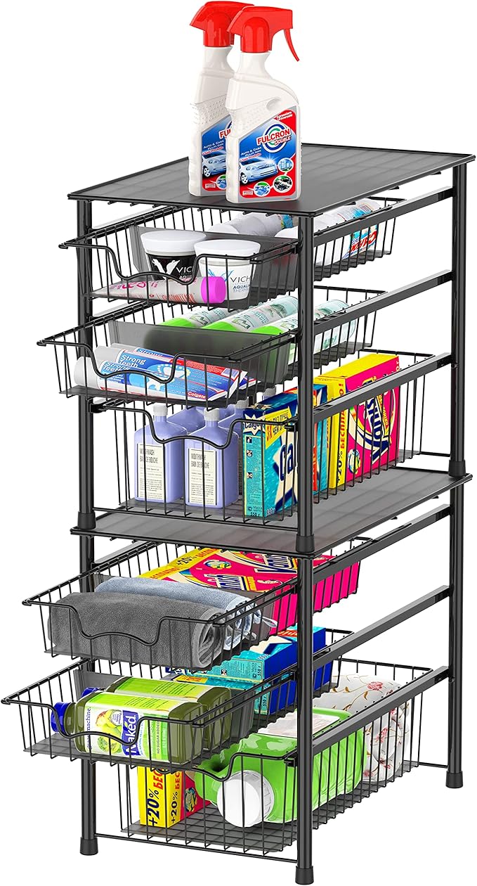Simple Houseware 3-Tier Stackable Sliding Basket Storage Organizer Drawer for Bathroom and Kitchen, Black