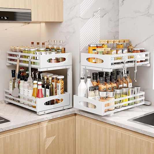 Under Sink Organizer, Pull Out Cabinet Organizers, Slide Sink Steel Shelf Cabinet Storage Shelves, Under Sink Storage for Kitchen Bathroom Cabinet (White, 2 Pack)