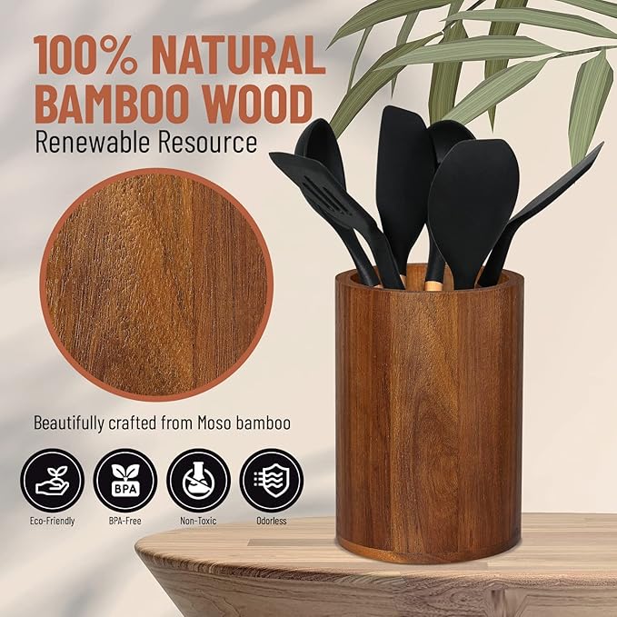 Homeries Acacia wood Utensil Holder for Kitchen Counter Decor, Cooking Utensil Holder Organizer - Kitchen Utensil Storage Organizer for Countertops, Pantry, Bathroom, Office & Center Table