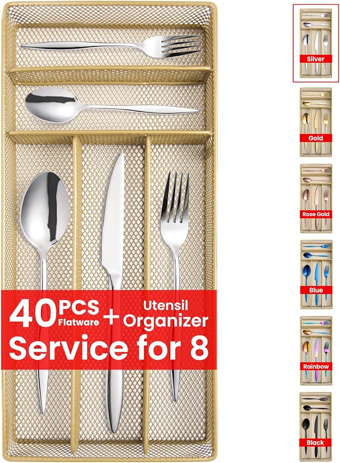 40 Pieces Silverware with Organizer, Stainless Steel Flatware Set for 8, Mirror Polish Utensils Cutlery for Home Kitchen Restaurant Hotel, Include Knives Forks Spoons, Dishwasher Safe