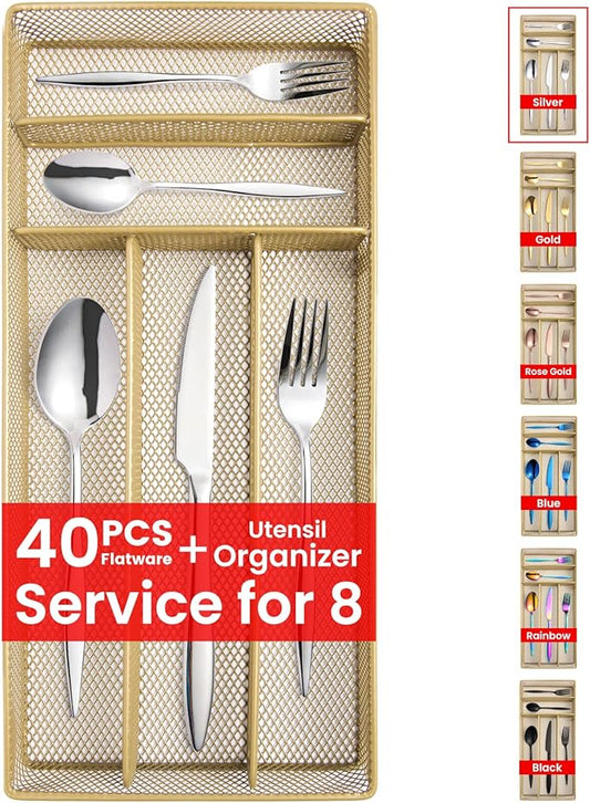 40 Pieces Silverware with Organizer, Stainless Steel Flatware Set for 8, Mirror Polish Utensils Cutlery for Home Kitchen Restaurant Hotel, Include Knives Forks Spoons, Dishwasher Safe