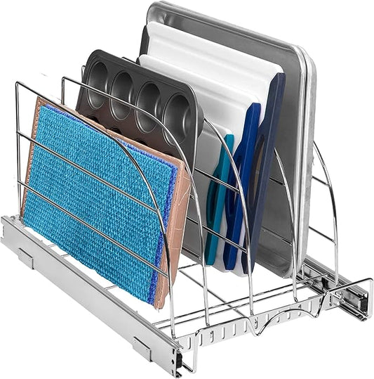 HOLDN’ STORAGE Pull Out Organizer for Cookie Sheet, Cutting Board, Bakeware, and Tray, Heavy Duty - Lifetime Limited Warranty - for Kitchen Pantry Cabinets, 12.5”W x 21”D x 11" H, Chrome