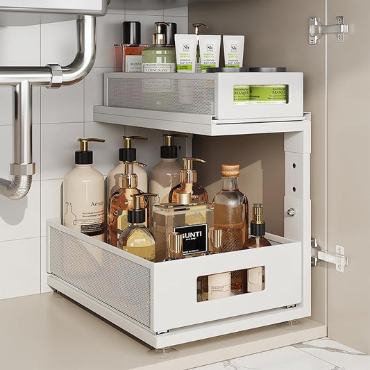 1 Pack 15.74IN-Depth Under Sink Organizer with Next-Gen Ball-Bearing Slides,2-Tier Pull Out Cabinet Storage,Height Adjustable Drawer Shelf for Bathroom,Kitchen,Laundry,Cabinet,Pantry-White