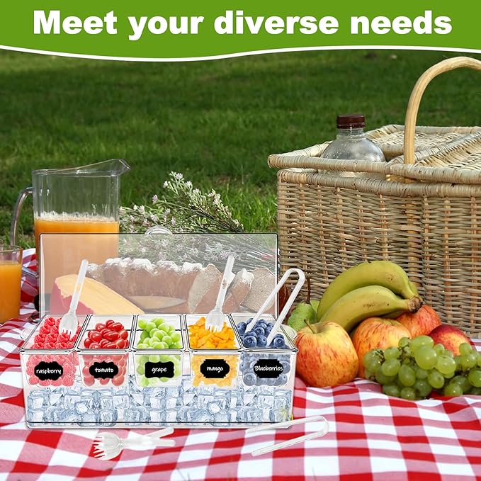 Ice Chilled Condiment Server Caddy, Bar Fruit Caddy with Lid and 5 Removable Compartments, Plastic Storage Food Container Clear Ice Condiment Serving Tray for Party, Toppings Bar Container