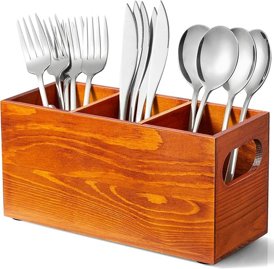 DRASTAR Silverware Caddy for Party, Wooden Flatware Cutlery Holder, Kitchen Utensil Holder for Countertop, Silverware Organizer Containers, Brown