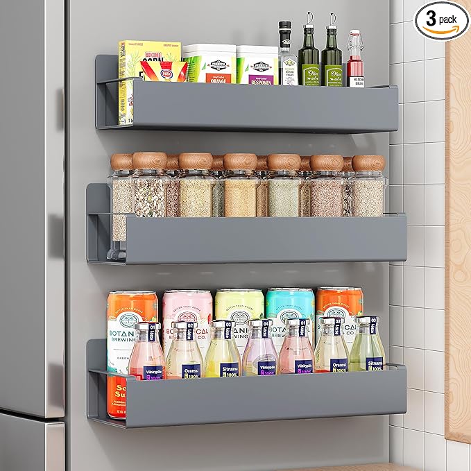 3 Pack Moveable Fridge Magnetic Spice Racks,Metal Grey