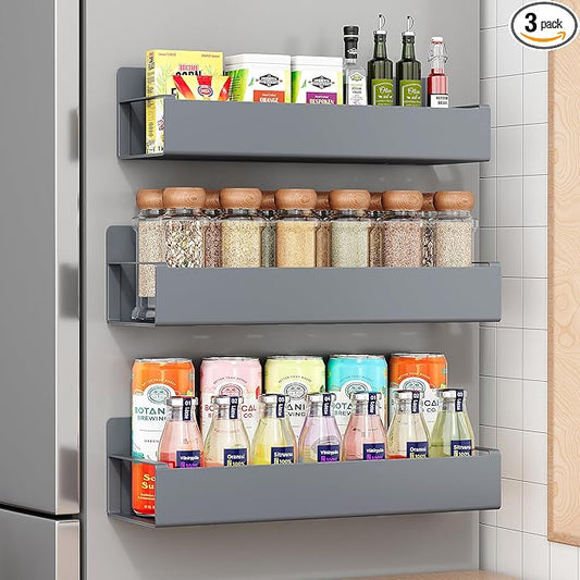 3 Pack Moveable Fridge Magnetic Spice Racks,Metal Grey