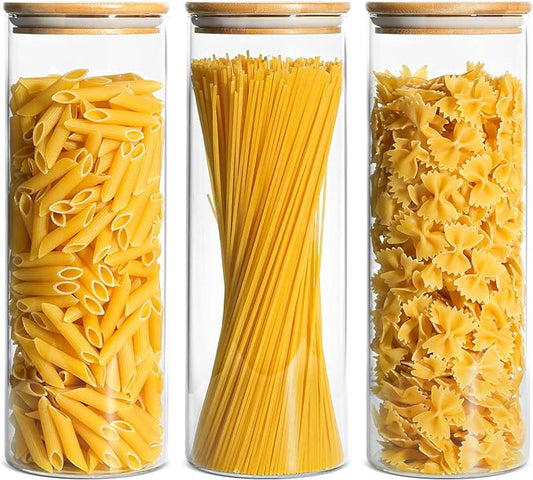 ComSaf Glass Spaghetti Pasta Storage Container with Lids 70oz Set of 3, Tall Clear Airtight Food Storage Jar with Wood Cover Kitchen Pantry Storage Container for Noodles Flour Cereal Coffee Beans