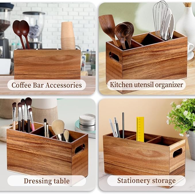 Wooden Utensil Holder, 3 Compartment Spatula Holder Natural Acacia Wood Silverware Organizer Large Boho Rustic Cooking Tool Caddy for Farmhouse Kitchen Counter Decor and Storage Spoons