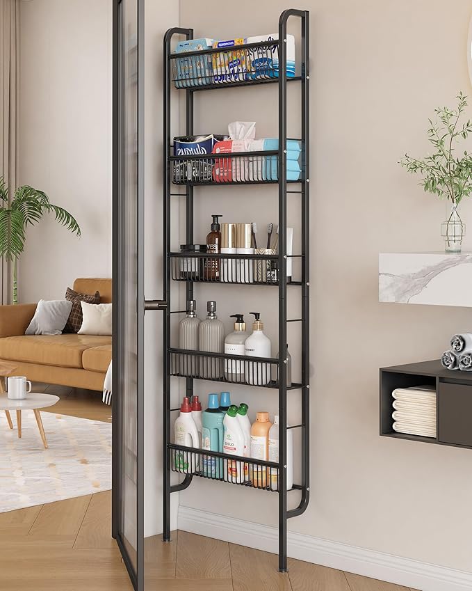 UMDONX Behind The Door Bathroom Shelf Narrow 5-Tier, Space-Saving Slim Bathroom Storage Shelf Narrow Shelving Unit for Bathroom and Kitchen Black